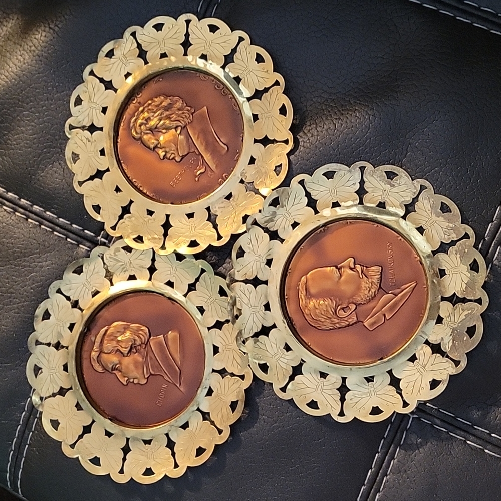 Vintage Set Of 3 Copper and Gold Decorative Plates
